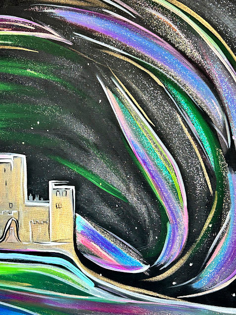 Bamburgh Castle and the Aurora Borealis, original acrylic 24 x 36-inches