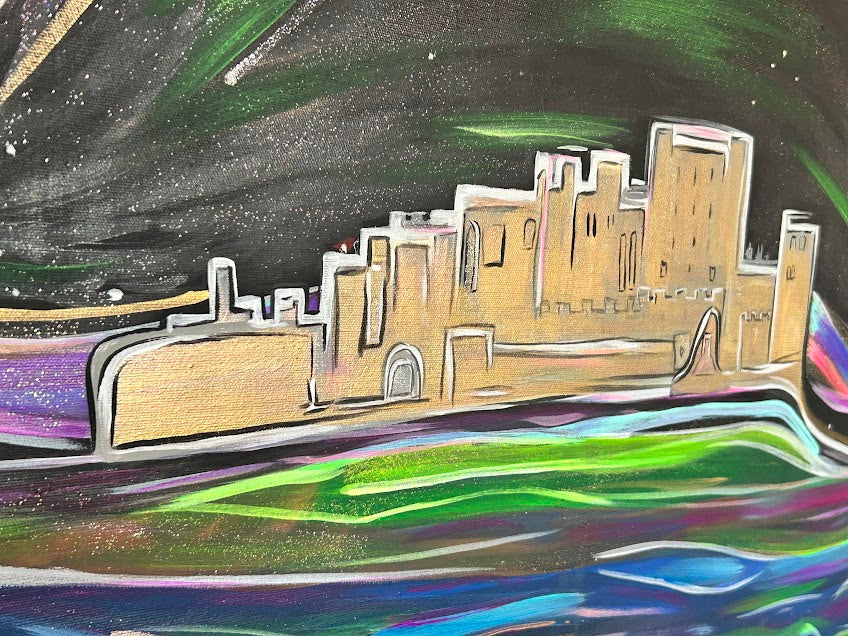 Bamburgh Castle and the Aurora Borealis, original acrylic 24 x 36-inches