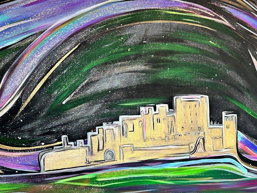 Bamburgh Castle and the Aurora Borealis, original acrylic 24 x 36-inches