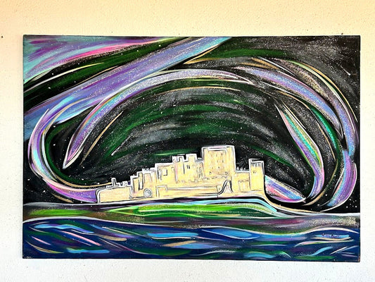 Bamburgh Castle and the Aurora Borealis, original acrylic 24 x 36-inches