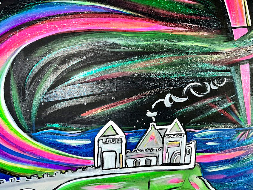 Dunluce Castle and the Northern Lights in Ireland, original acrylic 36 x 24-inches
