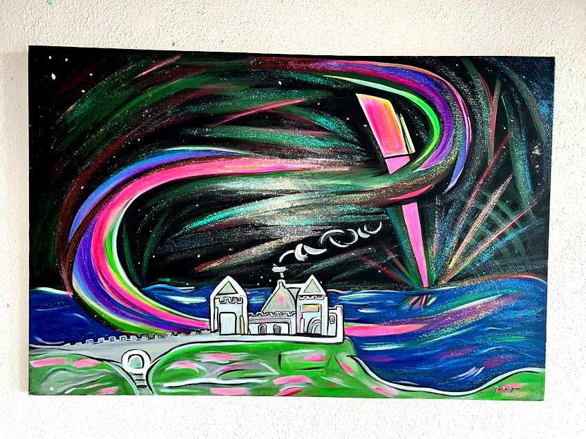 Dunluce Castle and the Northern Lights in Ireland, original acrylic 36 x 24-inches