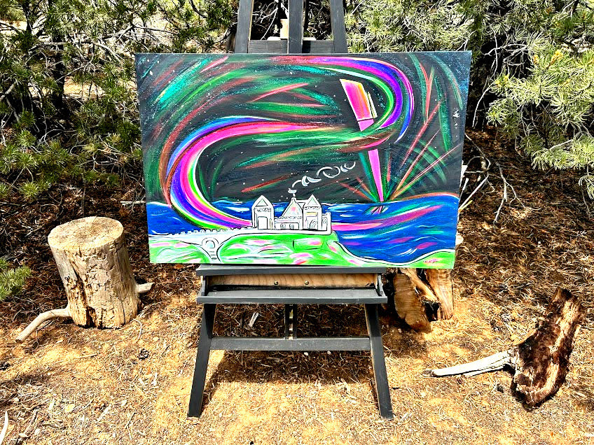 Dunluce Castle and the Northern Lights in Ireland, original acrylic 36 x 24-inches