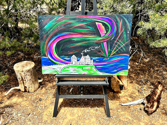 Dunluce Castle and the Northern Lights in Ireland, original acrylic 36 x 24-inches