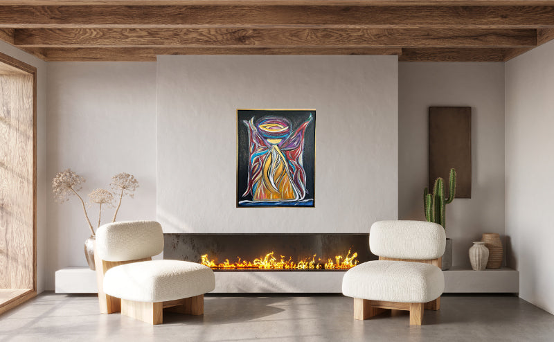 Golden Angel with Red Shimmering Wings, original acrylic 30 x 24-inches, ready to hang