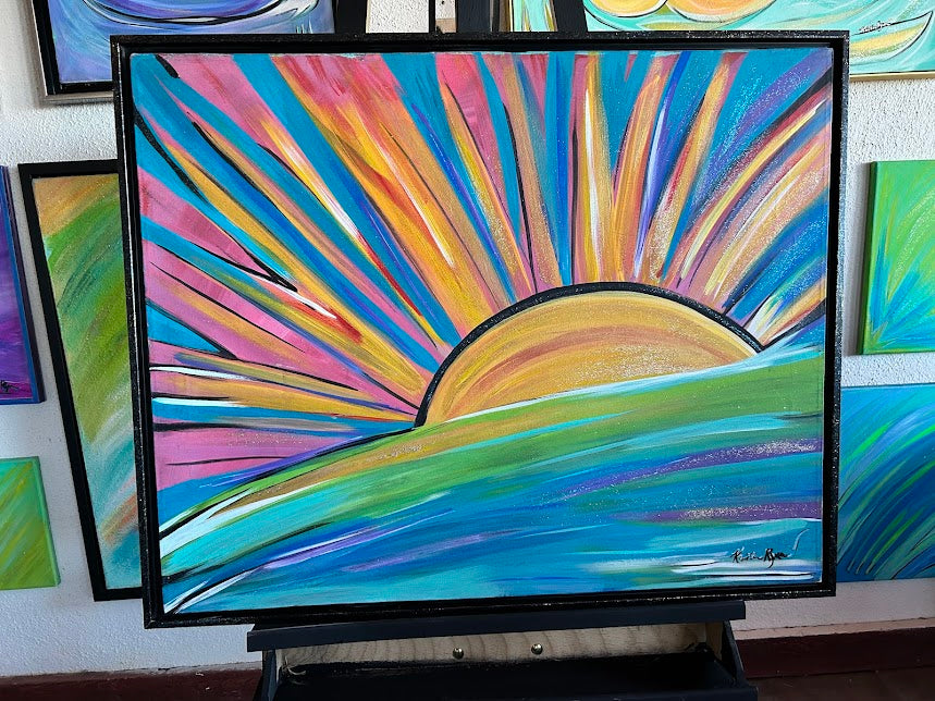 Good morning, Sunshine! acrylic on canvas framed art, glittered, 24 x 30-inches