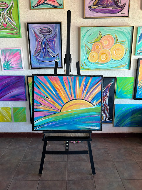 Good morning, Sunshine! acrylic on canvas framed art, glittered, 24 x 30-inches