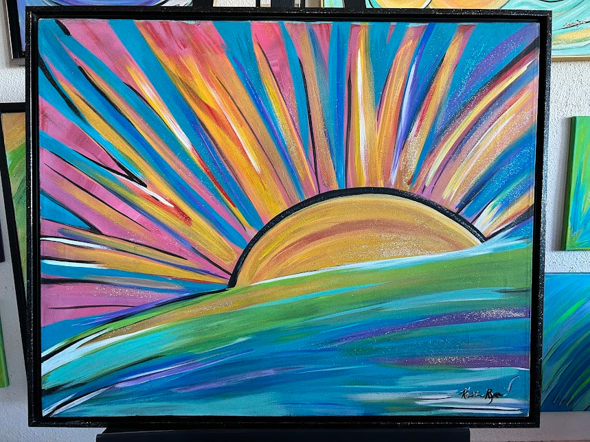 Good morning, Sunshine! acrylic on canvas framed art, glittered, 24 x 30-inches
