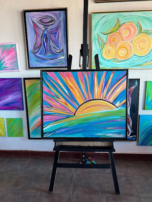 Good morning, Sunshine! acrylic on canvas framed art, glittered, 24 x 30-inches