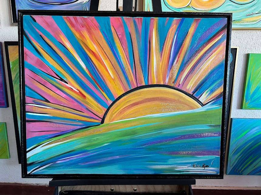 Good morning, Sunshine! acrylic on canvas framed art, glittered, 24 x 30-inches