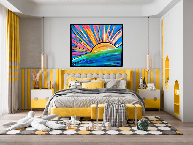 Good morning, Sunshine! acrylic on canvas framed art, glittered, 24 x 30-inches