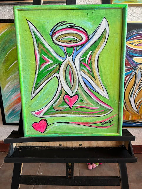 Green Angel with Pink Hearts, original acrylic framed 16 x 20 inches