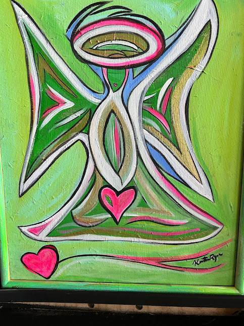 Green Angel with Pink Hearts, original acrylic framed 16 x 20 inches