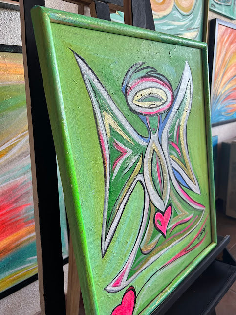 Green Angel with Pink Hearts, original acrylic framed 16 x 20 inches