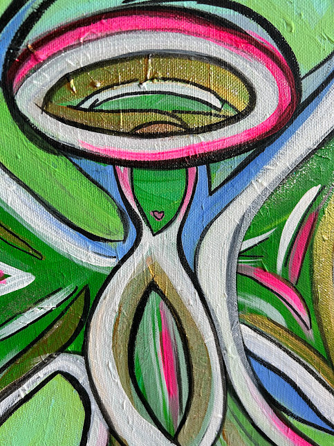 Green Angel with Pink Hearts, original acrylic framed 16 x 20 inches