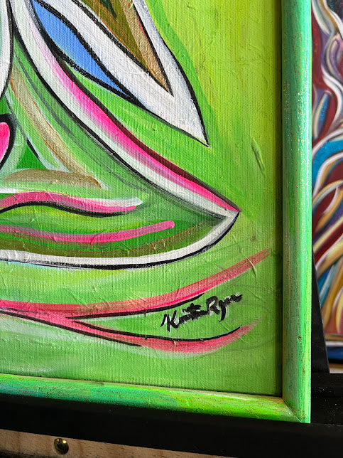 Green Angel with Pink Hearts, original acrylic framed 16 x 20 inches