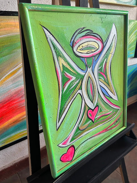 Green Angel with Pink Hearts, original acrylic framed 16 x 20 inches