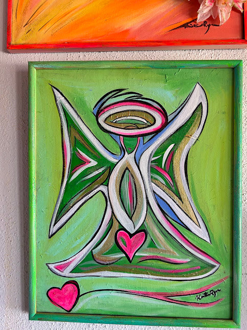 Green Angel with Pink Hearts, original acrylic framed 16 x 20 inches