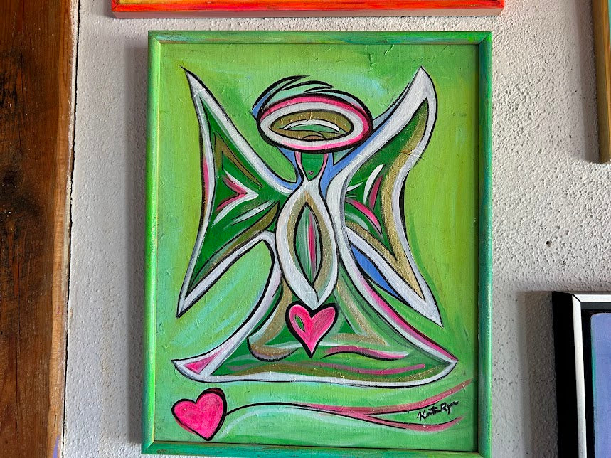 Green Angel with Pink Hearts, original acrylic framed 16 x 20 inches