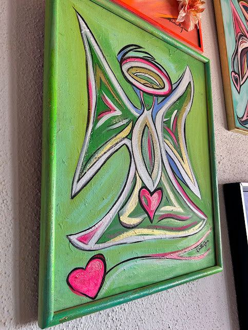 Green Angel with Pink Hearts, original acrylic framed 16 x 20 inches
