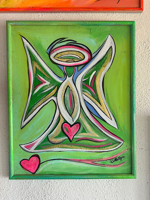 Green Angel with Pink Hearts, original acrylic framed 16 x 20 inches