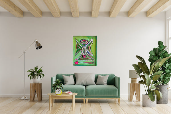 Green Angel with Pink Hearts, original acrylic framed 16 x 20 inches