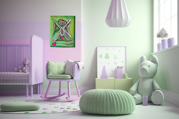 Green Angel with Pink Hearts, original acrylic framed 16 x 20 inches