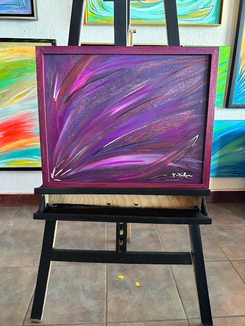 Painted Frame and Purple Art that Sparkles, original 16 x 20-inches framed
