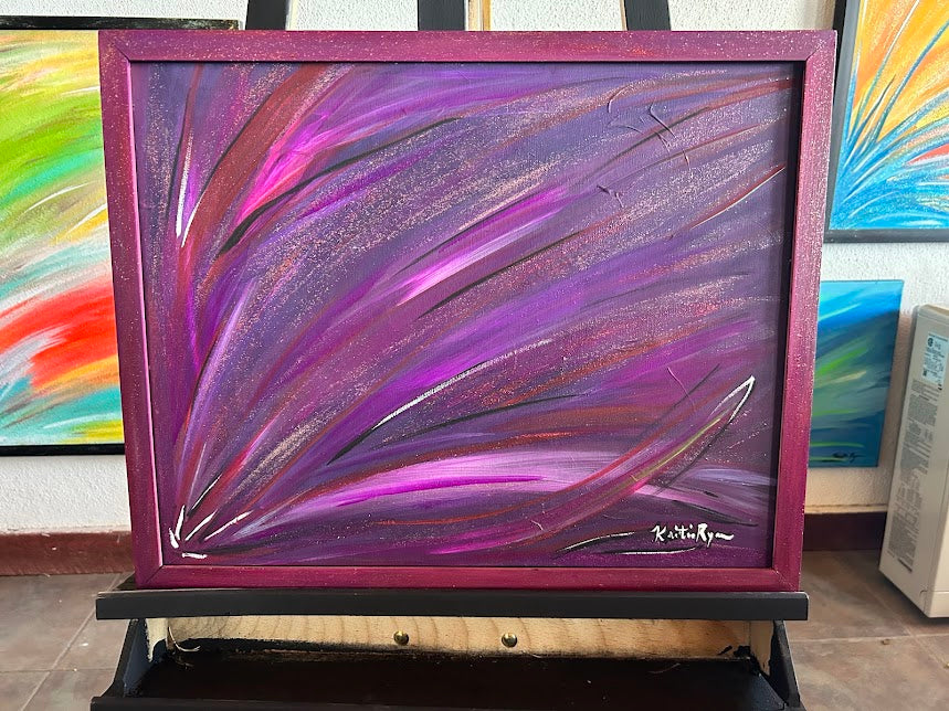 Painted Frame and Purple Art that Sparkles, original 16 x 20-inches framed
