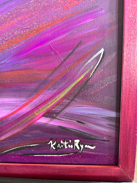 Painted Frame and Purple Art that Sparkles, original 16 x 20-inches framed
