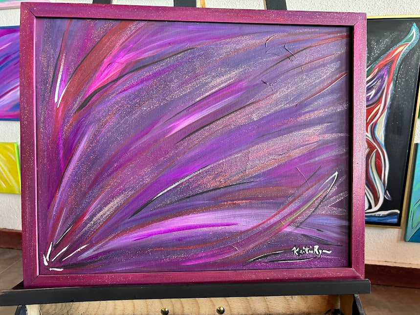 Painted Frame and Purple Art that Sparkles, original 16 x 20-inches framed