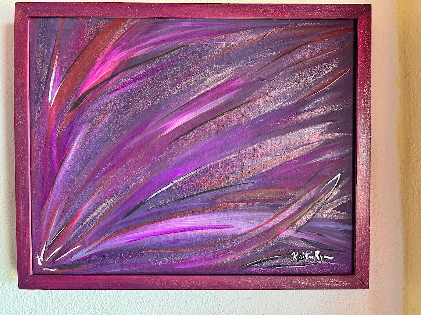 Painted Frame and Purple Art that Sparkles, original 16 x 20-inches framed