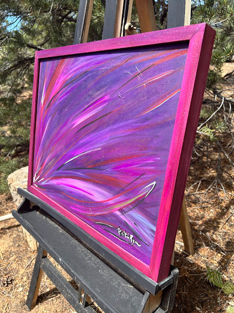 Painted Frame and Purple Art that Sparkles, original 16 x 20-inches framed