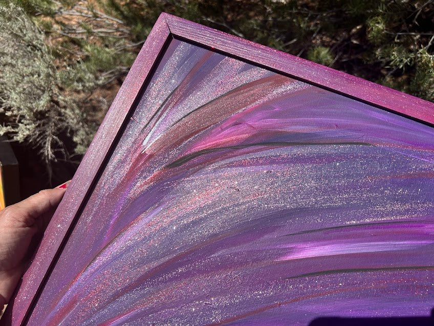 Painted Frame and Purple Art that Sparkles, original 16 x 20-inches framed