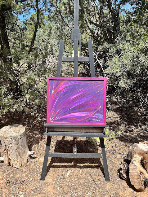 Painted Frame and Purple Art that Sparkles, original 16 x 20-inches framed
