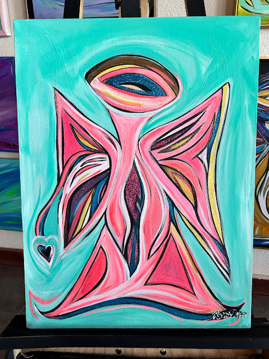 Pink Angel with Heart, acrylic on canvas, ready to hang Guardian Angel 18 x 24-inches