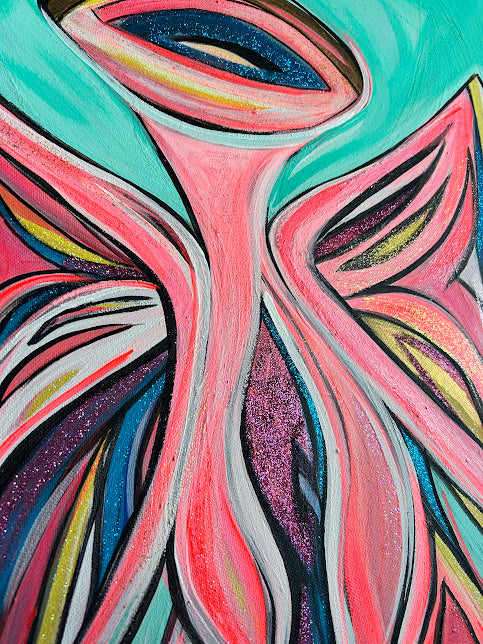 Pink Angel with Heart, acrylic on canvas, ready to hang Guardian Angel 18 x 24-inches