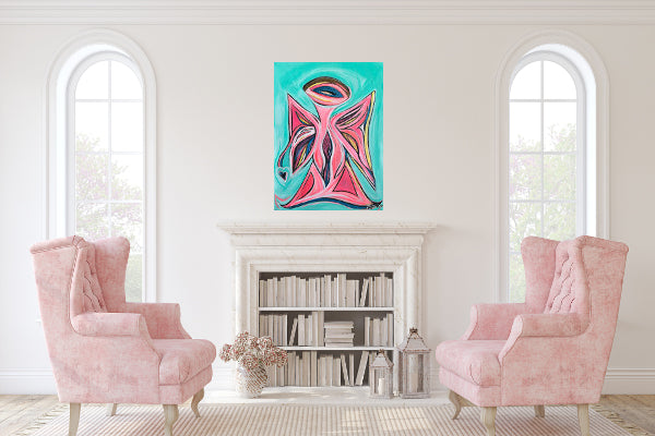 Pink Angel with Heart, acrylic on canvas, ready to hang Guardian Angel 18 x 24-inches