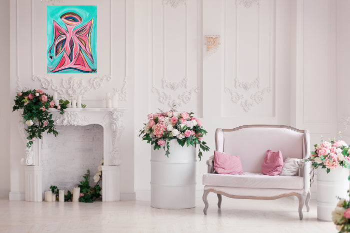 Pink Angel with Heart, acrylic on canvas, ready to hang Guardian Angel 18 x 24-inches