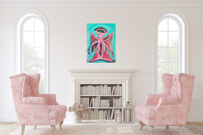 Pink Angel with Heart, acrylic on canvas, ready to hang Guardian Angel 18 x 24-inches