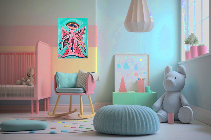 Pink Angel with Heart, acrylic on canvas, ready to hang Guardian Angel 18 x 24-inches