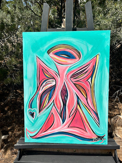 Pink Angel with Heart, acrylic on canvas, ready to hang Guardian Angel 18 x 24-inches